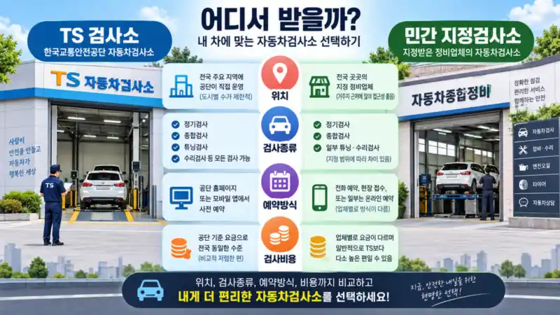TS 자동차검사소와 민간 지정검사소의 위치 검사종류 예약방식을 비교하는 장면