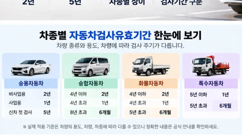승용 승합 화물 특수자동차의 검사유효기간을 차종과 차령별로 비교하는 장면