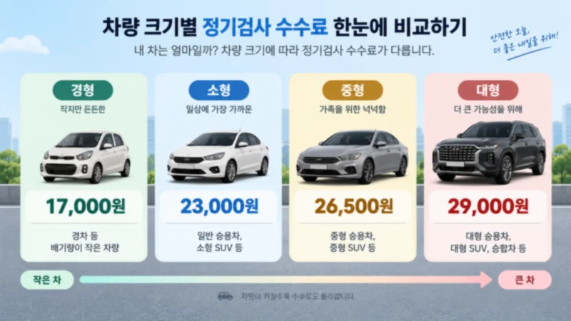 경형 소형 중형 대형 자동차의 정기검사 수수료 차이를 보여주는 비교 장면