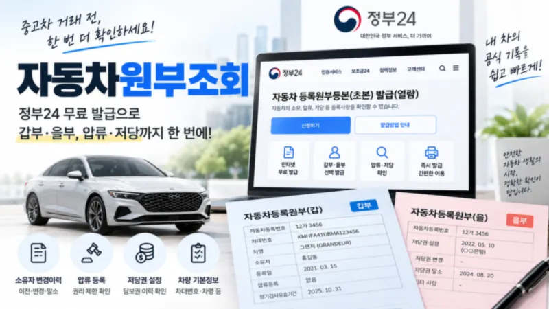 자동차등록원부 갑부와 을부에서 소유권 압류 저당권 정보를 비교하는 장면