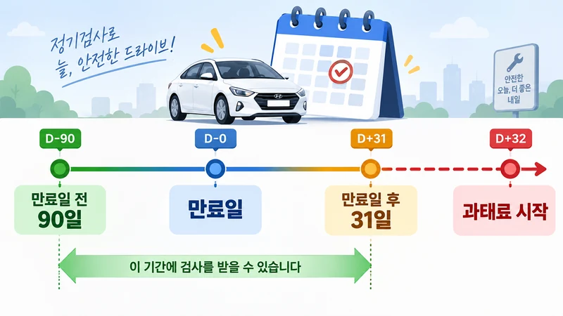 자동차검사기간을 만료일 90일 전부터 31일 후까지 보여주는 타임라인