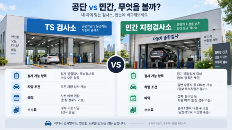 TS 검사소와 민간 지정검사소를 검사 가능 항목 차량 조건 예약 수수료 기준으로 비교하는 체크리스트