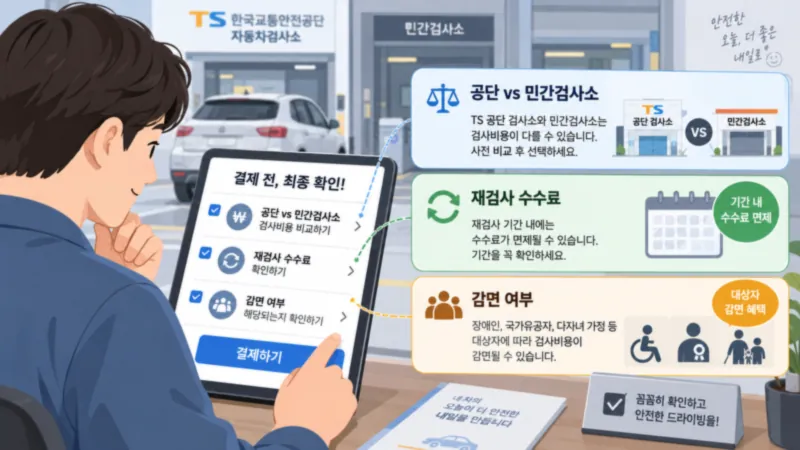 자동차종합검사비용 공단 민간검사소 재검사 감면 여부를 결제 전에 확인하는 장면