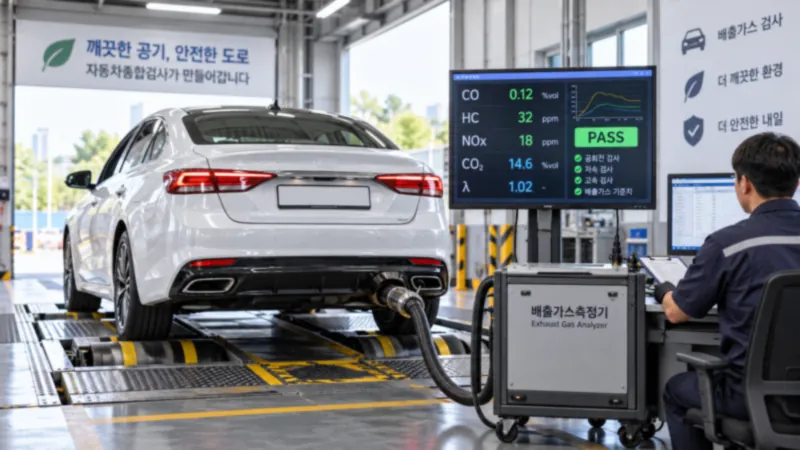 자동차종합검사에서 차대동력계를 이용해 배출가스 정밀검사를 실시하는 장면
