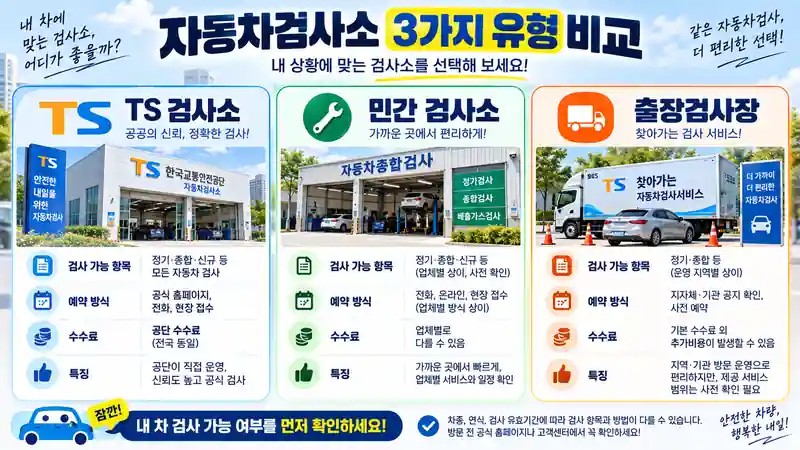 TS 자동차검사소 민간 지정검사소 출장검사장을 검사 가능 항목 예약 비용 기준으로 비교하는 장면