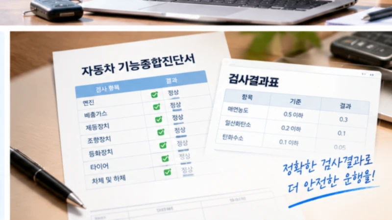 자동차 기능 종합진단서에서 검사결과와 차량 상태를 확인하는 장면