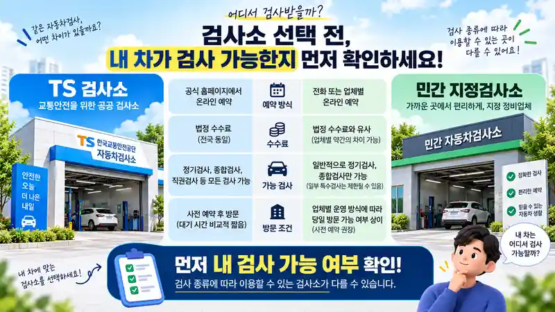 자동차검사예약 TS 검사소와 민간 지정검사소를 예약 방식 수수료 검사 가능 여부로 비교하는 장면