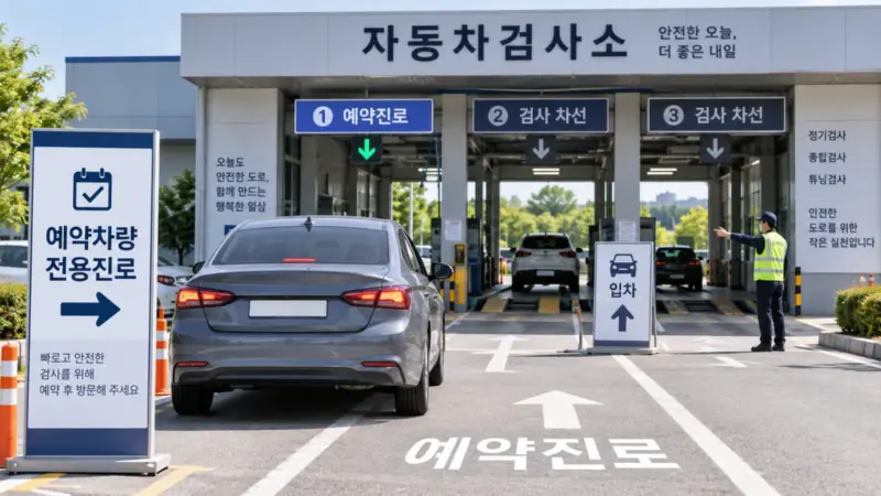 예약한 자동차검사소에 도착해 예약진로와 검사 차선을 확인하고 입차하는 장면