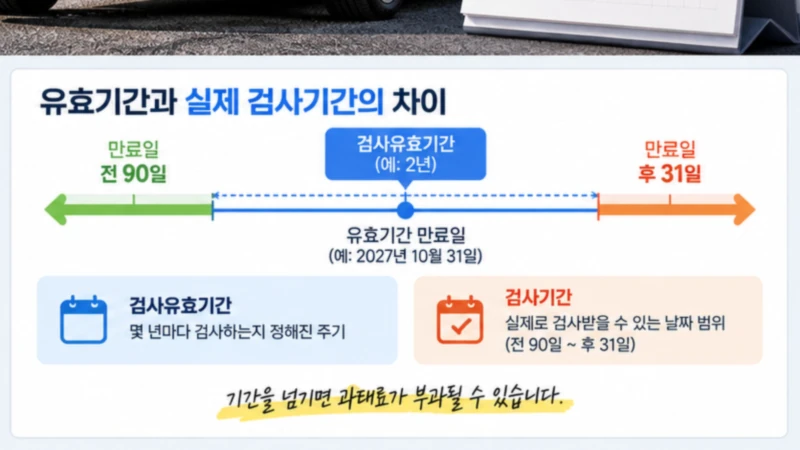 자동차검사 유효기간 만료일과 실제 검사 가능기간 전 90일 후 31일을 구분한 타임라인