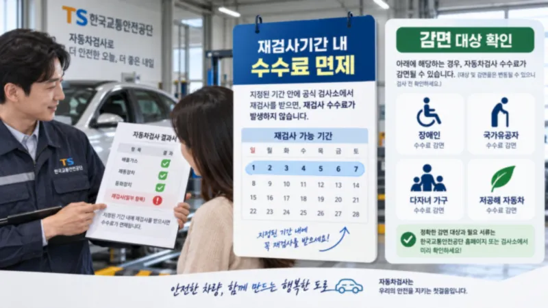 자동차정기검사 재검사 수수료 면제와 검사비 감면 여부를 확인하는 장면