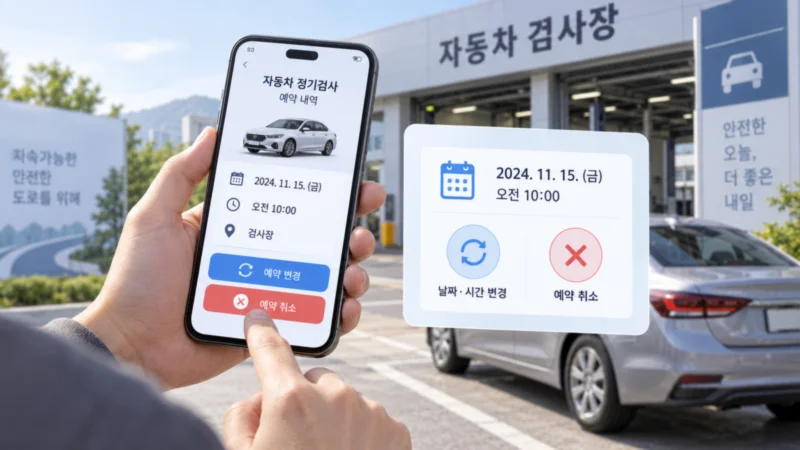 자동차정기검사 예약 내역에서 날짜 시간 변경과 취소를 확인하는 장면