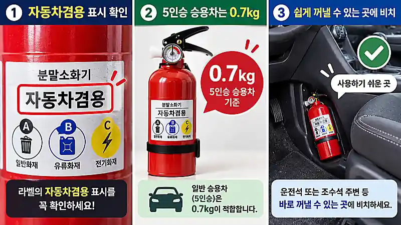 차량용소화기 자동차겸용 표시 0.7kg 규격과 운전자가 사용하기 쉬운 설치 위치를 보여주는 체크 장면