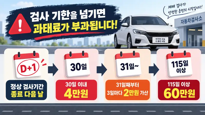 자동차검사기간 종료 후 과태료가 시작되는 시점을 설명하는 이미지