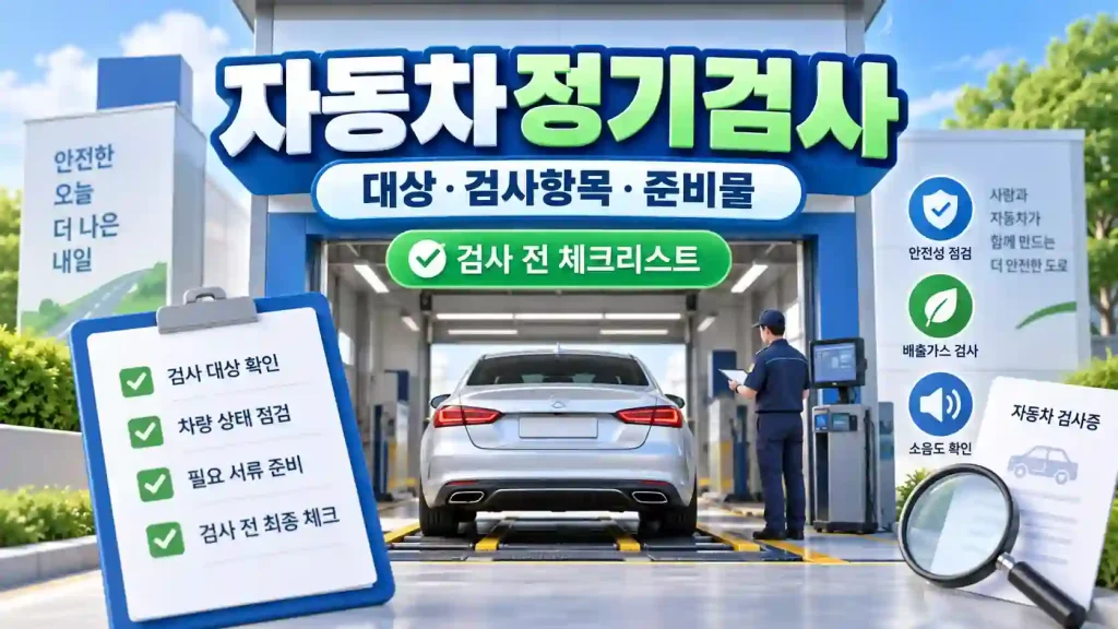 자동차정기검사 대상과 검사항목 준비물을 확인하는 차량 검사 장면