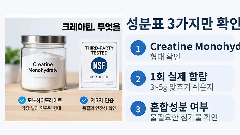 크레아틴 추천 제품의 성분표에서 모노하이드레이트와 1회 함량을 확인하는 이미지