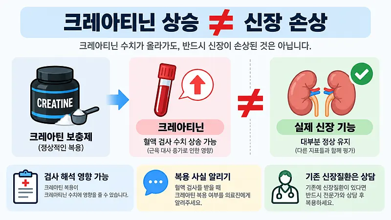 크레아틴 부작용에서 크레아티닌 수치와 실제 신장 기능을 구분한 이미지