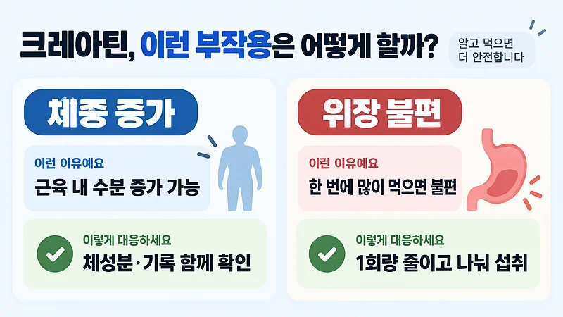 크레아틴 부작용 체중 증가 위장 불편과 대처 방법을 비교한 이미지