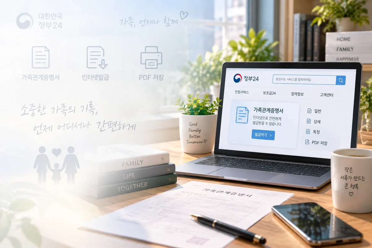 가족관계증명서 인터넷발급에서 발급 대상자와 증명서 종류를 선택하는 과정을 보여주는 배경 이미지
