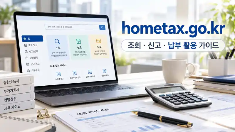 hometax.go.kr 조회 신고 납부 활용 가이드를 보여주는 실사형 대표이미지