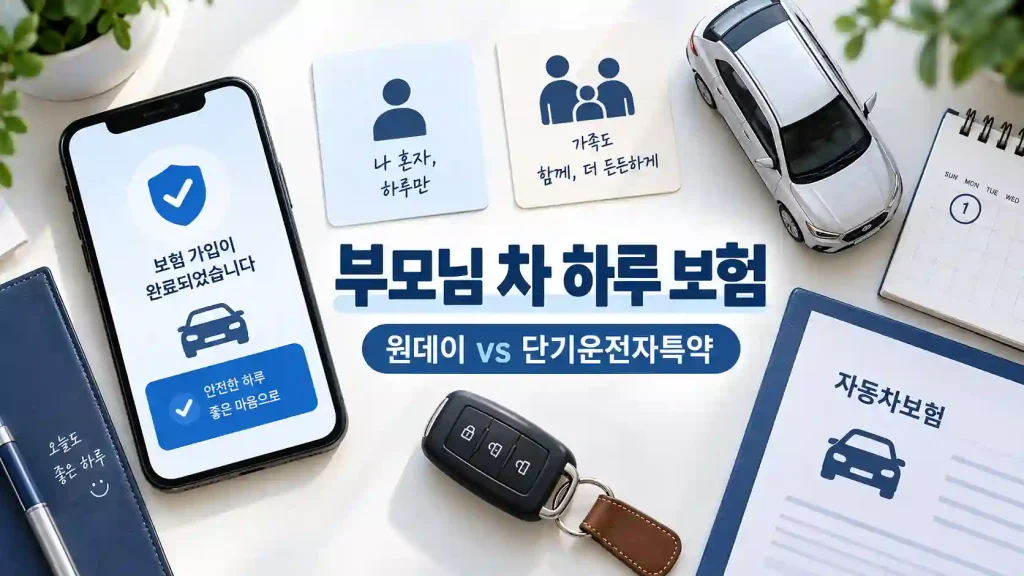 부모님 차 하루 보험에서 원데이 자동차보험과 단기운전자특약 선택을 표현한 자동차와 보험 이미지