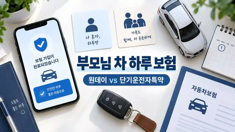 부모님 차 하루 보험에서 원데이 자동차보험과 단기운전자특약 선택을 표현한 자동차와 보험 이미지