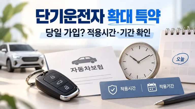 단기운전자 확대 특약 당일 가입과 적용시간 확인을 표현한 자동차와 시계 이미지
