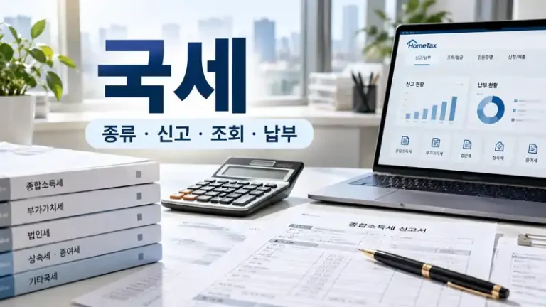 국세 종류와 조회 신고 납부 흐름을 보여주는 실사형 대표이미지