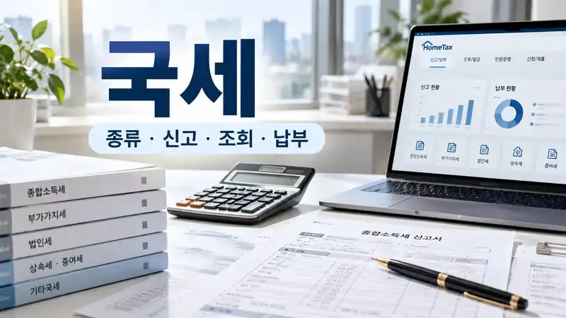 국세 종류와 조회 신고 납부 흐름을 보여주는 실사형 대표이미지