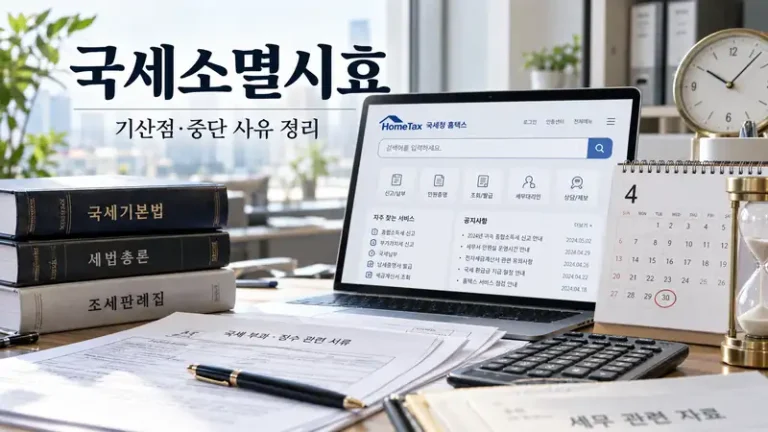 국세소멸시효 기준과 기산점 중단 사유를 보여주는 실사형 대표이미지