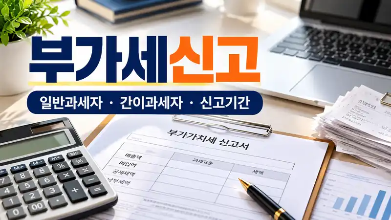 부가세신고 기간과 일반과세자·간이과세자 신고 흐름을 설명하는 세금 업무 이미지