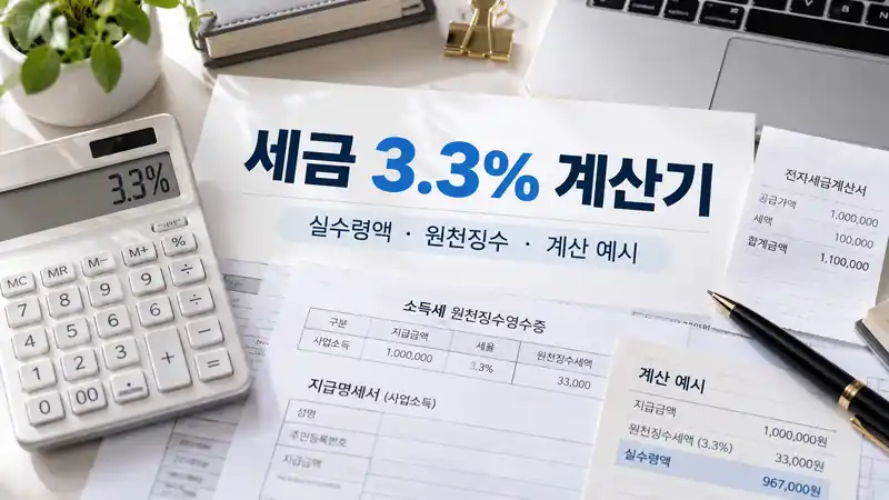 세금 3.3% 계산기와 원천징수, 실수령액 계산 예시를 설명하는 실사형 대표이미지