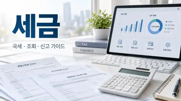 세금 종류와 신고 조회 환급 흐름을 보여주는 실사형 대표이미지