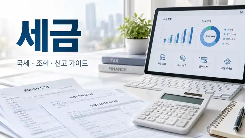 세금 종류와 신고 조회 환급 흐름을 보여주는 실사형 대표이미지