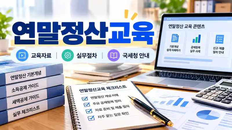 연말정산교육 자료와 실무 절차, 국세청 안내를 보여주는 실사형 대표이미지