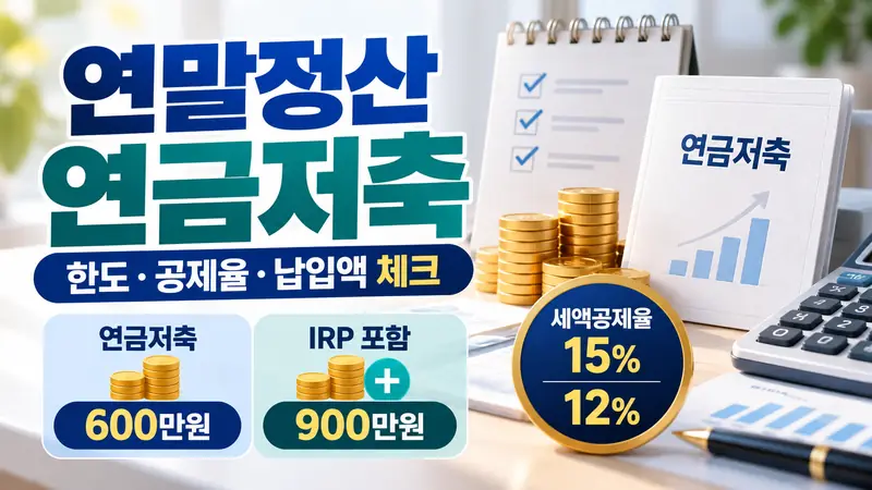 연말정산연금저축 세액공제 한도와 공제율, 납입액 확인을 표현한 금융 이미지