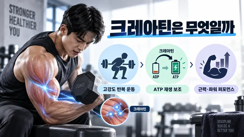크레아틴이 ATP 재생을 돕고 고강도 반복 운동에 활용되는 원리를 설명한 이미지