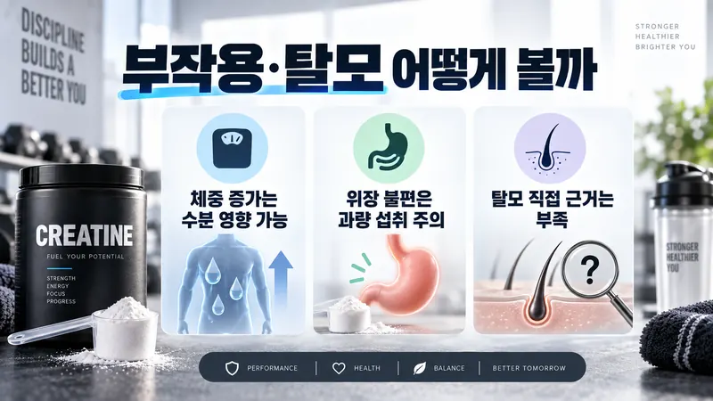 크레아틴 체중 증가 위장 불편 탈모 근거를 구분해 설명한 안전성 이미지