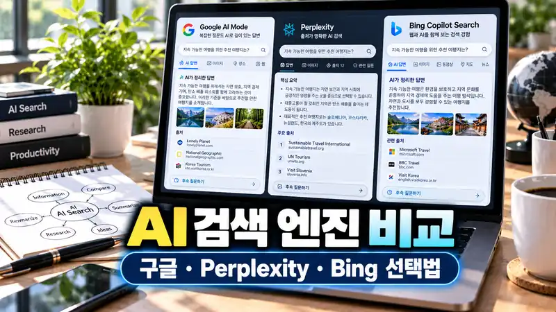 AI 검색 엔진 구글 Perplexity Bing 기능과 출처 표시를 비교하는 화면