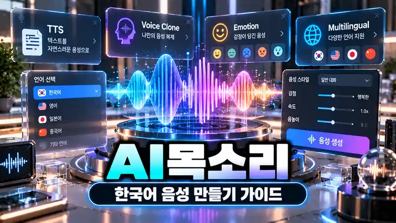 AI목소리 한국어 TTS 감정 음성 보이스 클로닝 기능을 보여주는 미래형 음성 화면