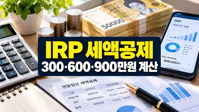 IRP 세액공제 300만원 600만원 900만원 납입 시 예상 절세액을 설명하는 금융 이미지