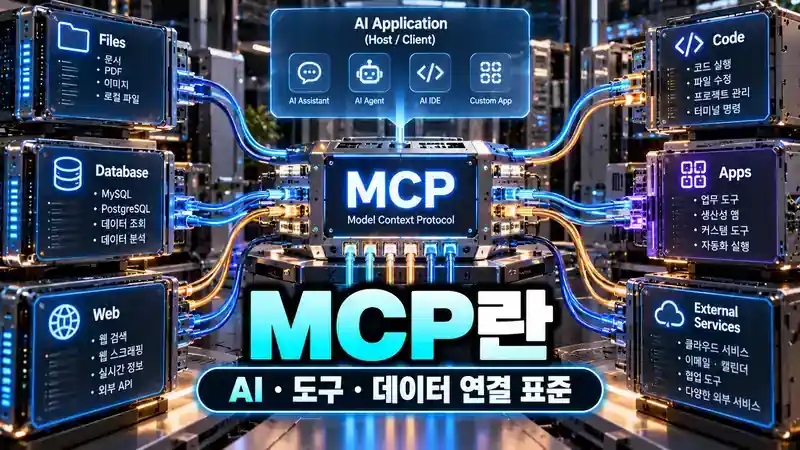 MCP란 AI 에이전트와 파일 데이터 도구를 연결하는 구조를 보여주는 서버 네트워크 이미지