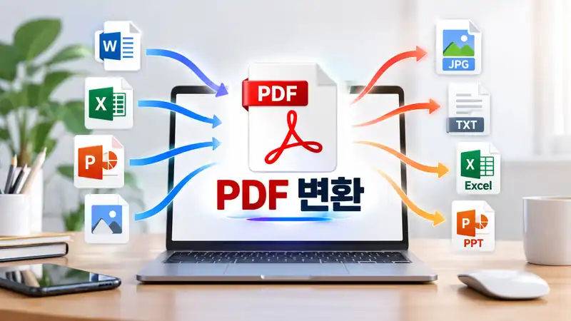 PDF 변환 파일 형식 선택과 문서 작업을 표현한 노트북과 서류 이미지