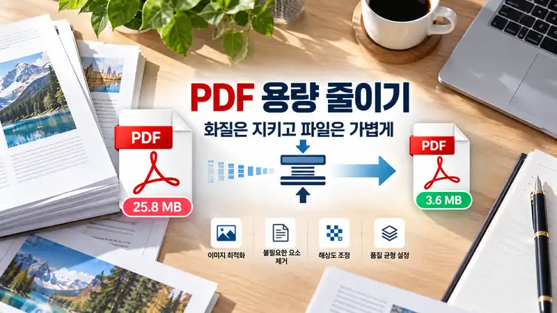 PDF 용량 줄이기 전후 파일 크기와 압축 효과를 표현한 문서 이미지