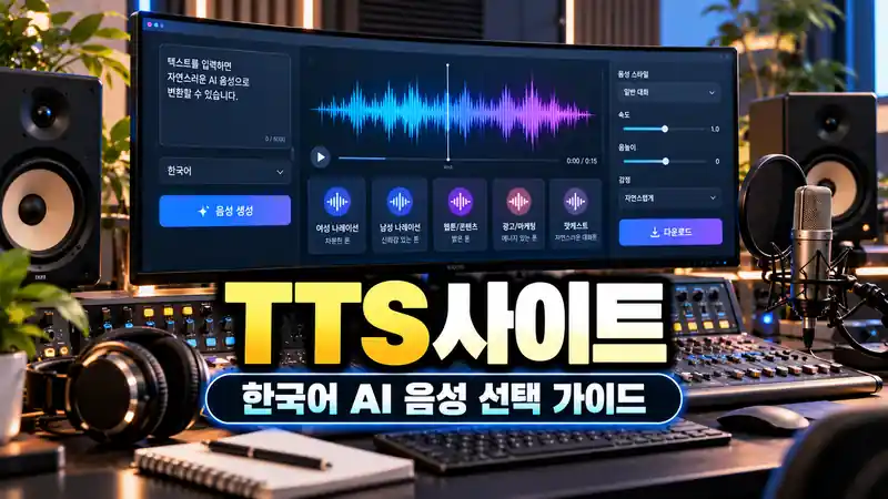 TTS사이트 한국어 무료 상업용 AI 음성 선택 기준을 보여주는 오디오 스튜디오 이미지