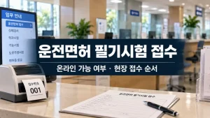 운전면허 필기시험 접수 온라인 예약 가능 여부와 현장 접수 절차를 안내하는 민원실 이미지