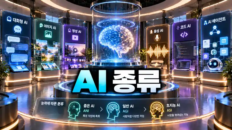 ai 종류 대화형 이미지 영상 음성 코드 에이전트와 능력별 분류를 보여주는 미래형 전시관