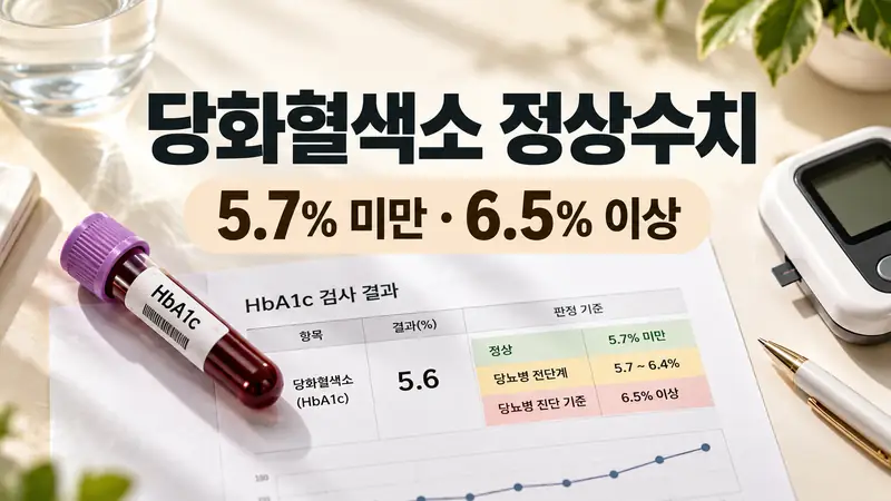 당화혈색소 정상수치 검사표와 HbA1c 채혈관을 함께 보여주는 밝은 진료 정보 이미지