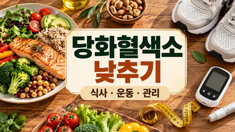 당화혈색소 낮추기 식단과 운동을 보여주는 건강 식탁 및 운동화 사진