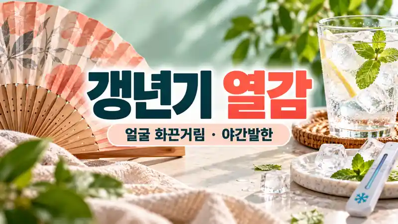 갱년기 열감 얼굴 화끈거림과 야간발한 대처 방법을 나타내는 부채와 시원한 물 사진
