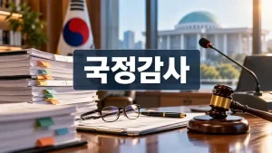 국정감사 진행 절차를 상징하는 회의 서류와 국회 배경 사진